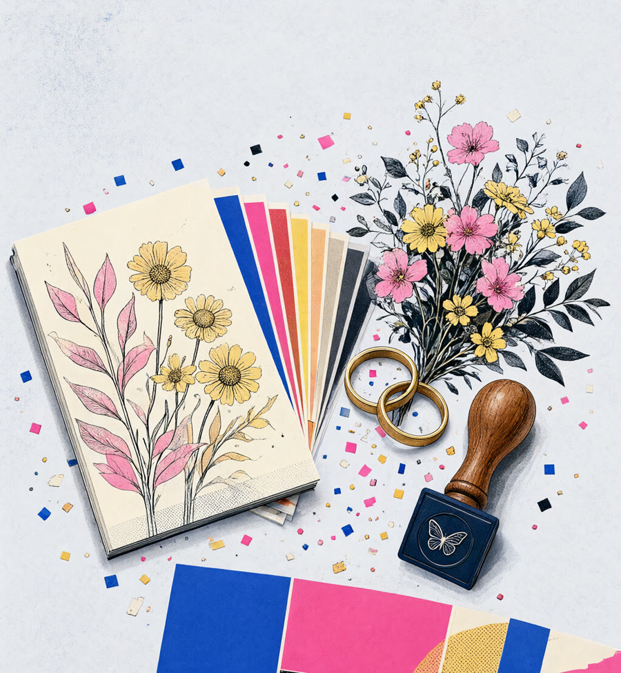 Editorial still life of wedding stationery, a color swatch fan, rings, flowers, a stamp, and confetti.